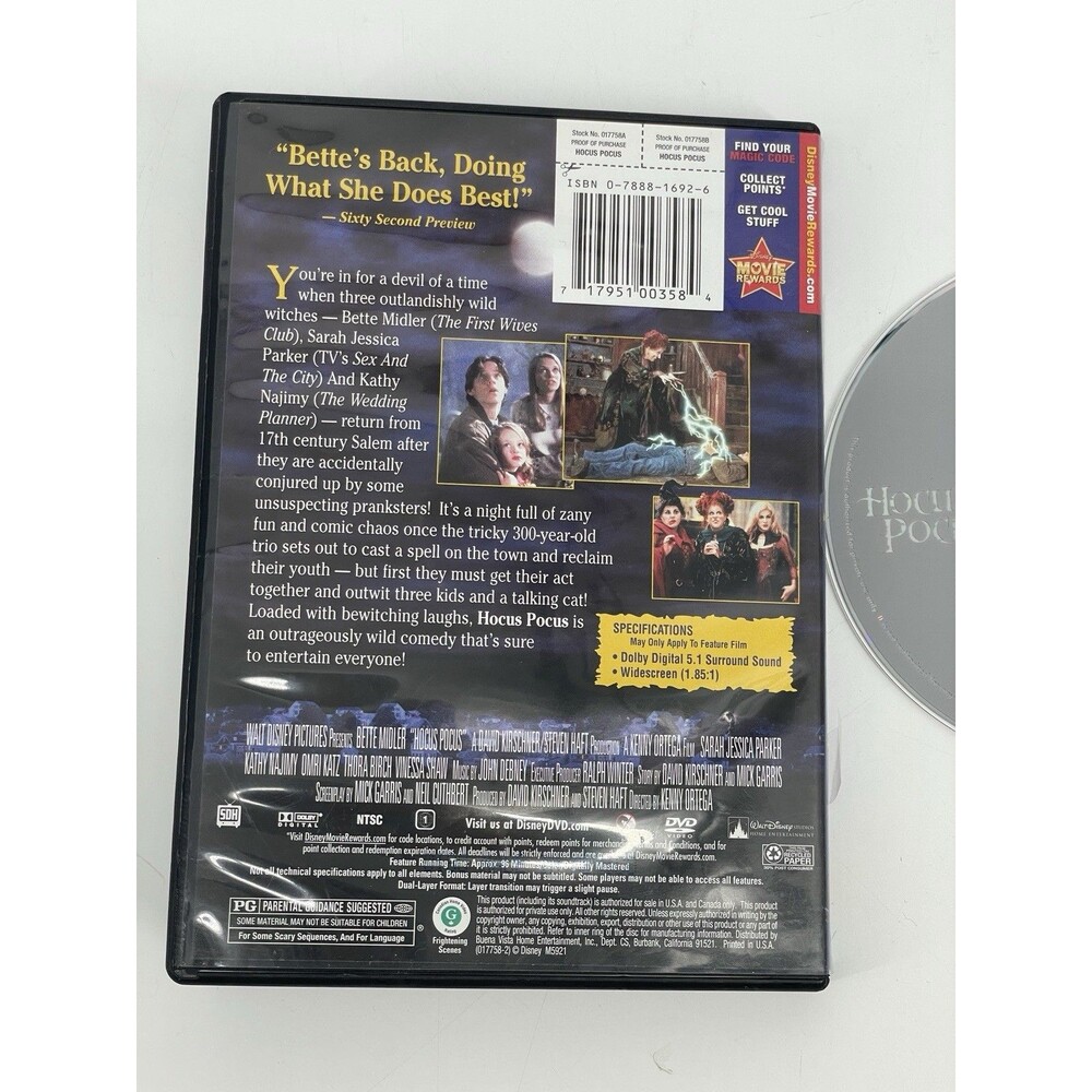 Hocus Pocus DVD Disney Bette Midler Sarah Jessica Parker Halloween Widescreen - Picture 4 of 4